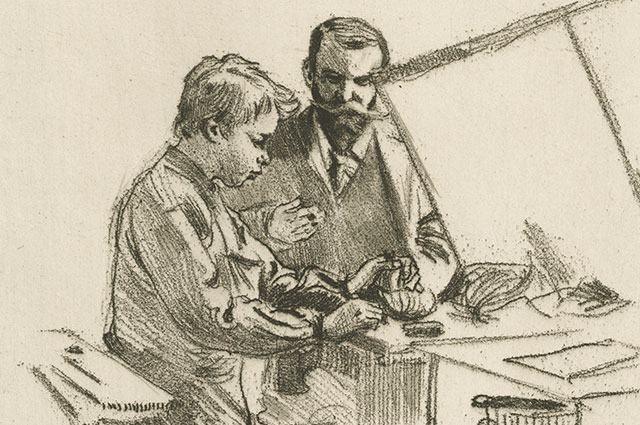 Sketch of a gentleman with a mustache teaching something to a boy.